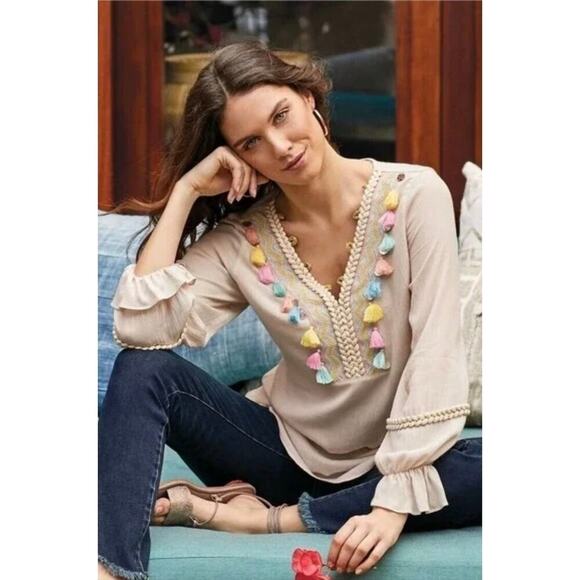 Soft Surroundings Clementine Tassel Tunic Blouse Size Large Pastel Artsy Boho - Picture 1 of 11